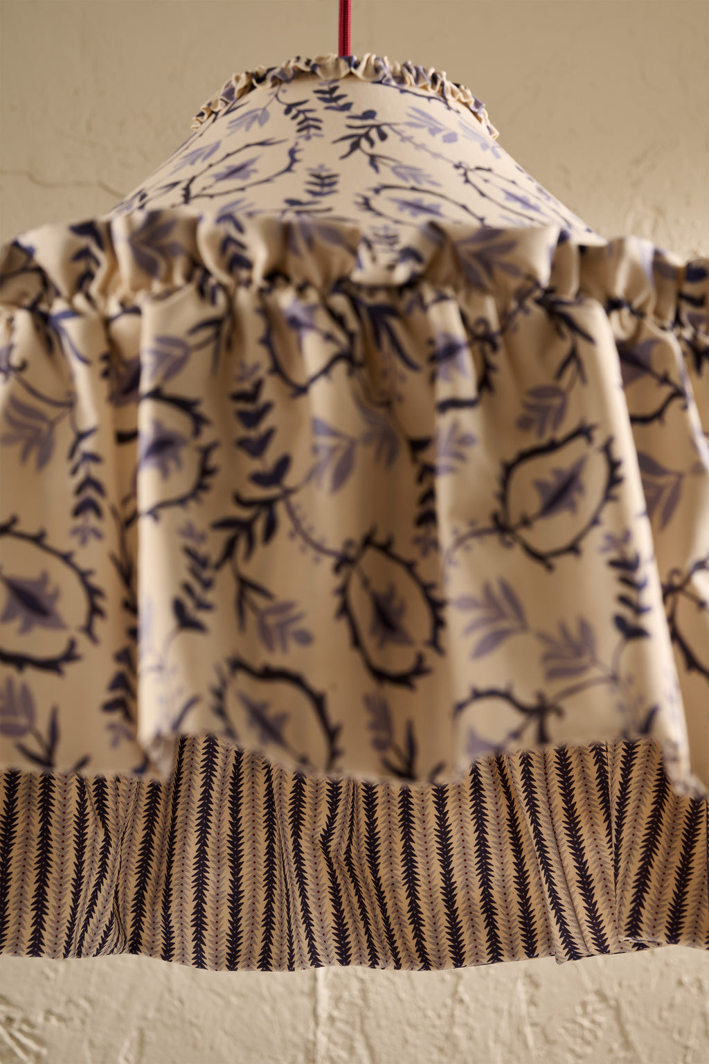 Daunder Indigo Ruffle Statement Lampshade in Indigo showing a close up of the ruffled and contrast lining