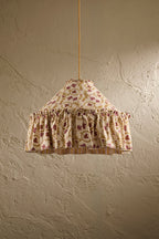 Daunder Ruffle Statement Lampshade in Ochre & Merlot, showing the hand-painted botanical print and contrasting striped lining