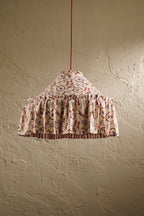 Daunder Ruffle Statement Lampshade in Merlot & Dusty Blue, showing the hand-painted botanical print and contrasting striped lining