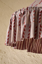 Close-up of Ellis Ruffle Statement Lampshade in Dusty Blue & Merlot showing the gathered ruffle and contrasting geometric lining