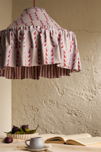 Close-up of Ellis Ruffle Statement Lampshade in Dusty Blue & Merlot showing the gathered ruffle and contrasting geometric lining