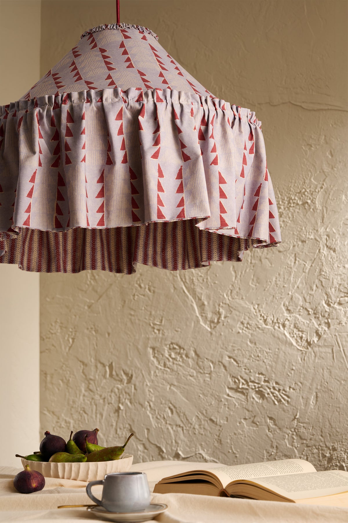 Close-up of Ellis Ruffle Statement Lampshade in Dusty Blue & Merlot showing the gathered ruffle and contrasting geometric lining